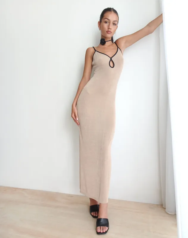 Tahlia Maxi Dress in Champagne with Black Binding sold by Motel Rocks