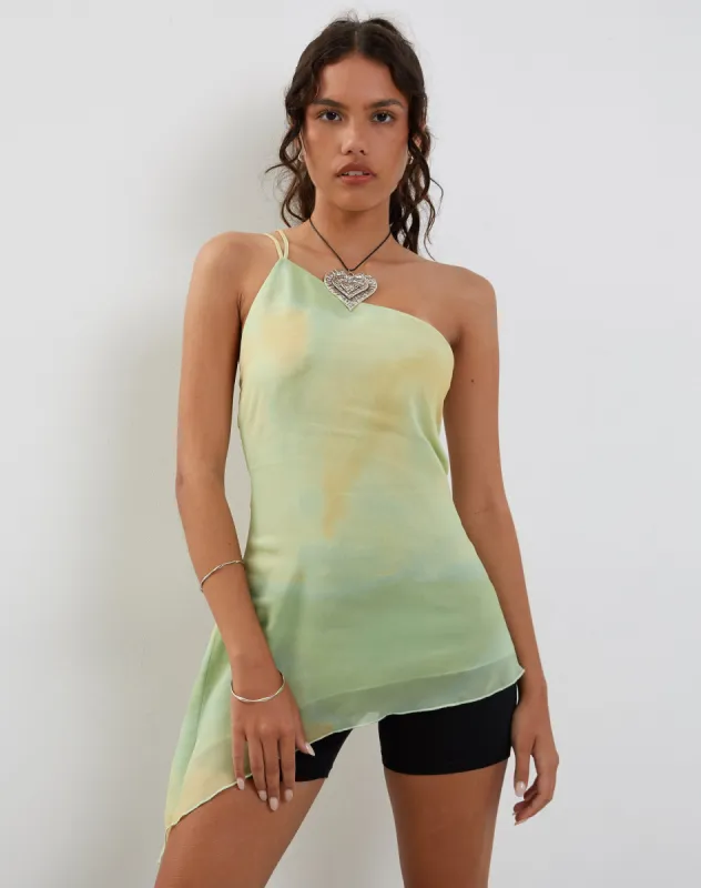 Nesrin One Shoulder Longline Top in Yellow Watercolour sold by Motel Rocks