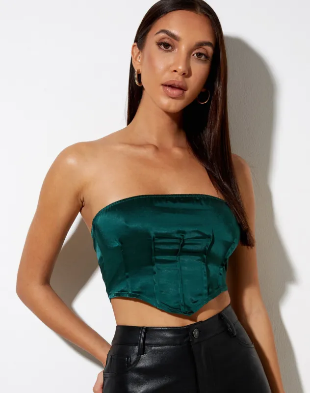 Sanja Bandeau Top in Satin Forest Green sold by Motel Rocks