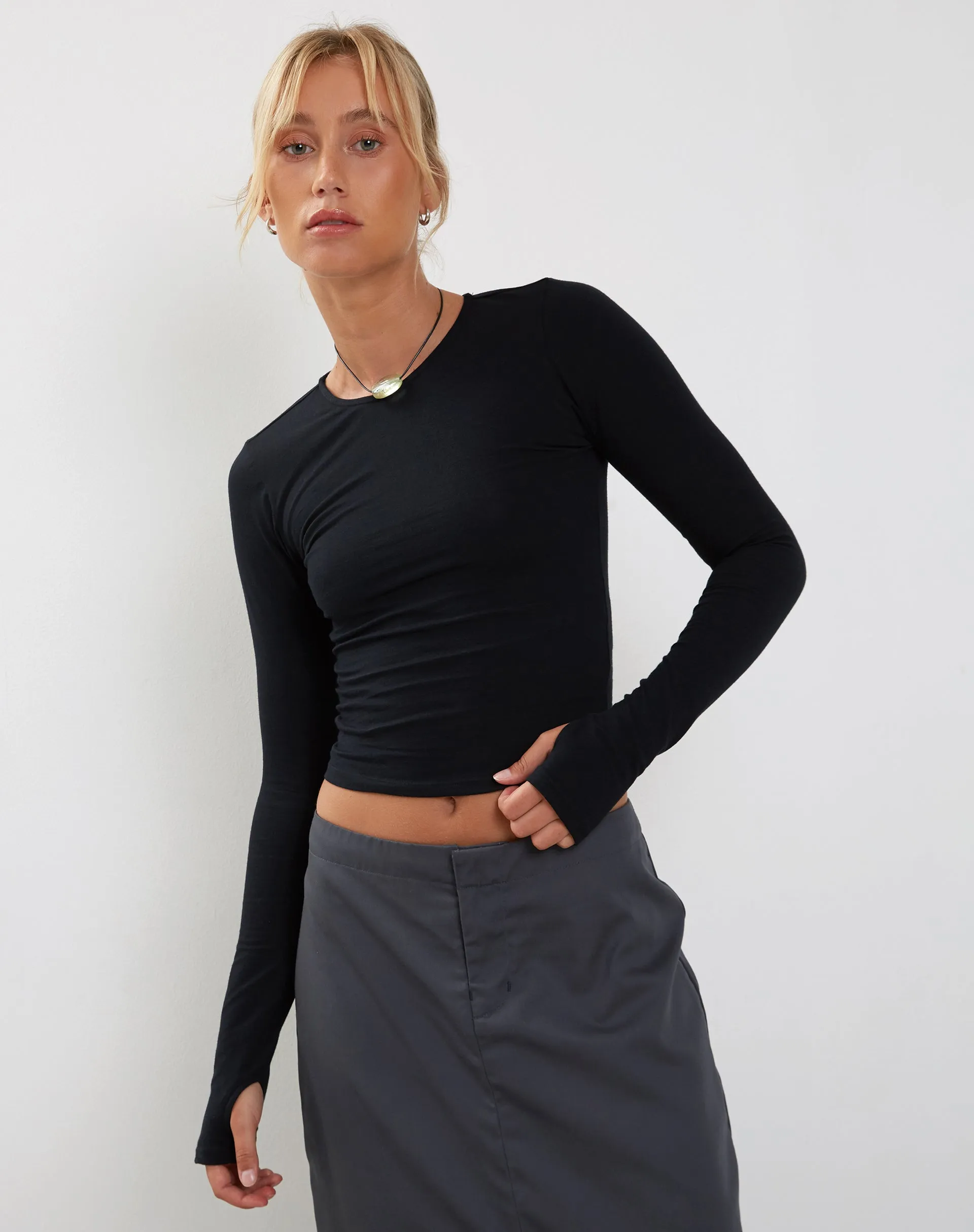 Bouse Long Sleeve Thumbhole Top in Black sold by Motel Rocks