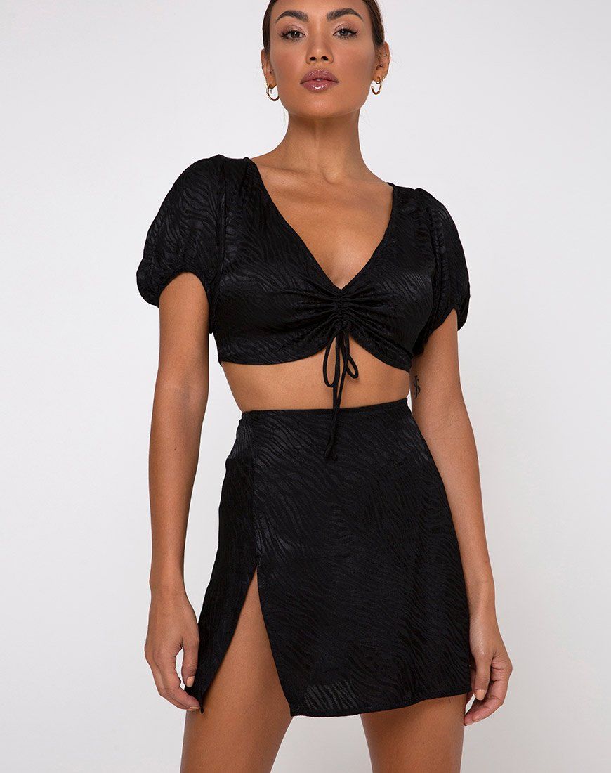 Shenka Mini Skirt in Satin Zebra Black sold by Motel Rocks