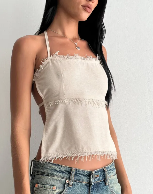 Aine Halterneck Top in Ecru Linen sold by Motel Rocks