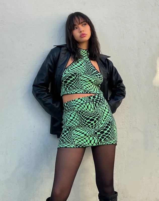 Haru Mini Skirt in Geo Polka Arcadian Green sold by Motel Rocks