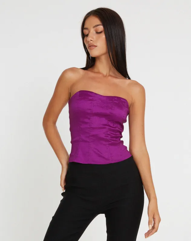 Kyanata Strapless Corset in Satin Purple sold by Motel Rocks