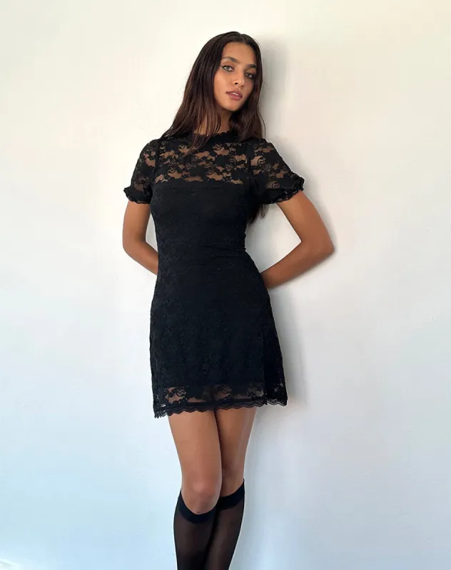 Adele Mini Tea Dress in Black Jasmine Lace sold by Motel Rocks