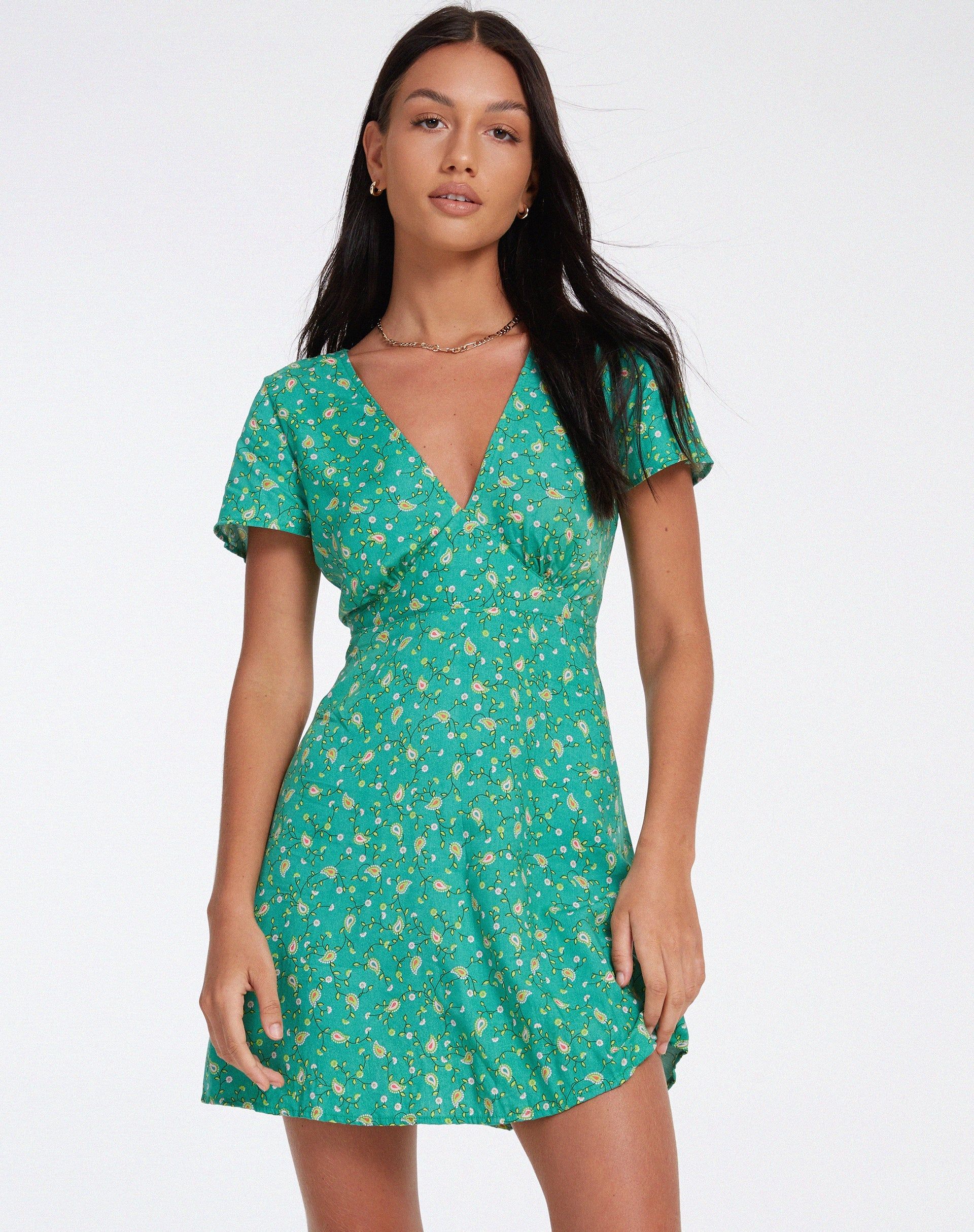 Elara Mini Dress in Paisley Fun Green sold by Motel Rocks product image thumbnail 2