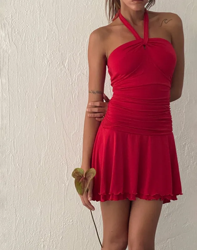 Bibi Bandeau Halterneck Mini Dress in Red sold by Motel Rocks
