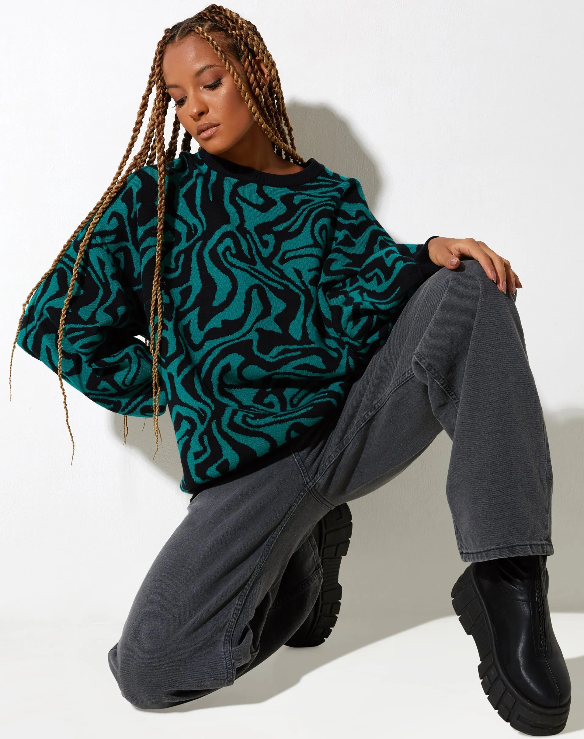 Mably Jumper in Jagged Swirl Green and Black sold by Motel Rocks