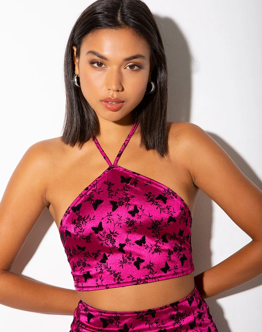 Maudy Crop Top in Butterfly Bloom Pink sold by Motel Rocks