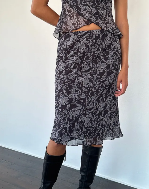 Abetzi Midi Skirt in Baroque Black Print sold by Motel Rocks