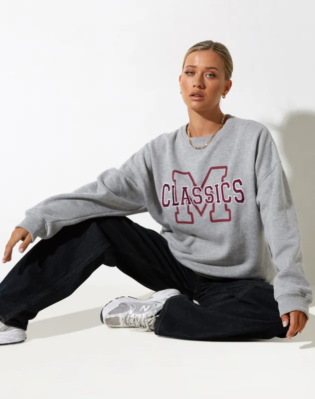 Glan Sweatshirt in Grey Marl with 'M Classics' Embro sold by Motel Rocks