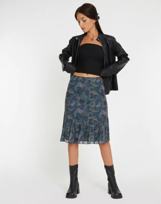 Latrix Mesh Midi Skirt in Tonal Blue Paisley sold by Motel Rocks