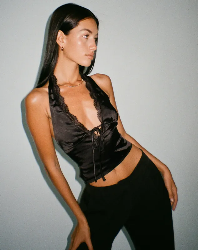 Mutsuki Halterneck Top in Satin Black made by Motel Rocks