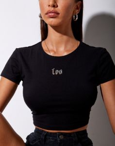 Tiney Crop Tee in Black 'Leo' Diamante sold by Motel Rocks