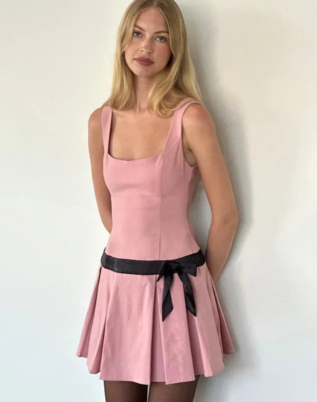 Michelia Mini Dress in Pink with Black Bow sold by Motel Rocks
