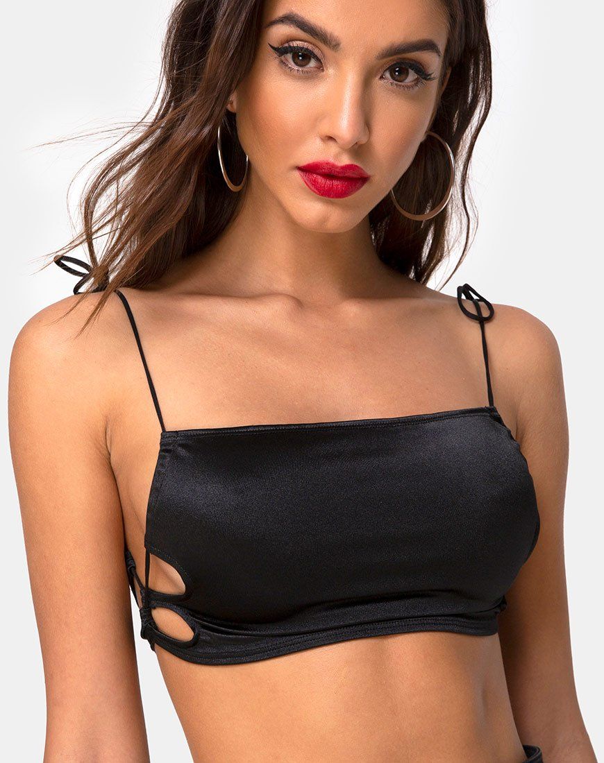 Tisya Crop Top in Satin Black sold by Motel Rocks