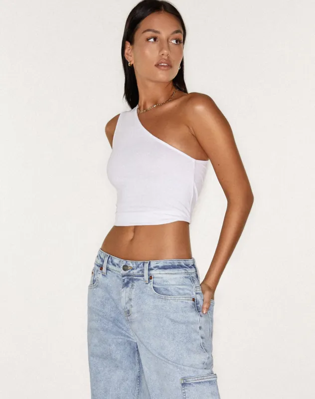 Bay One Shoulder Top in Lycra White sold by Motel Rocks