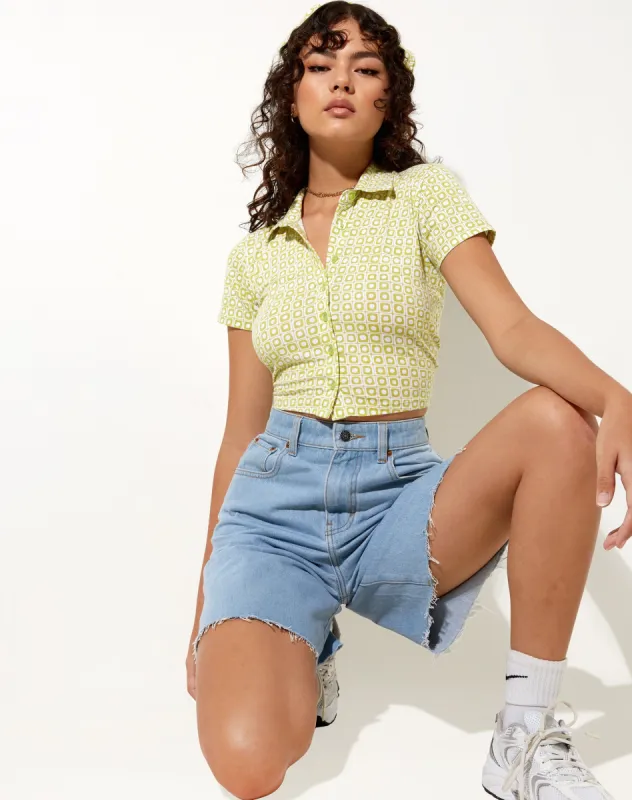 Wuma Cropped Shirt in Green Geo Retro sold by Motel Rocks