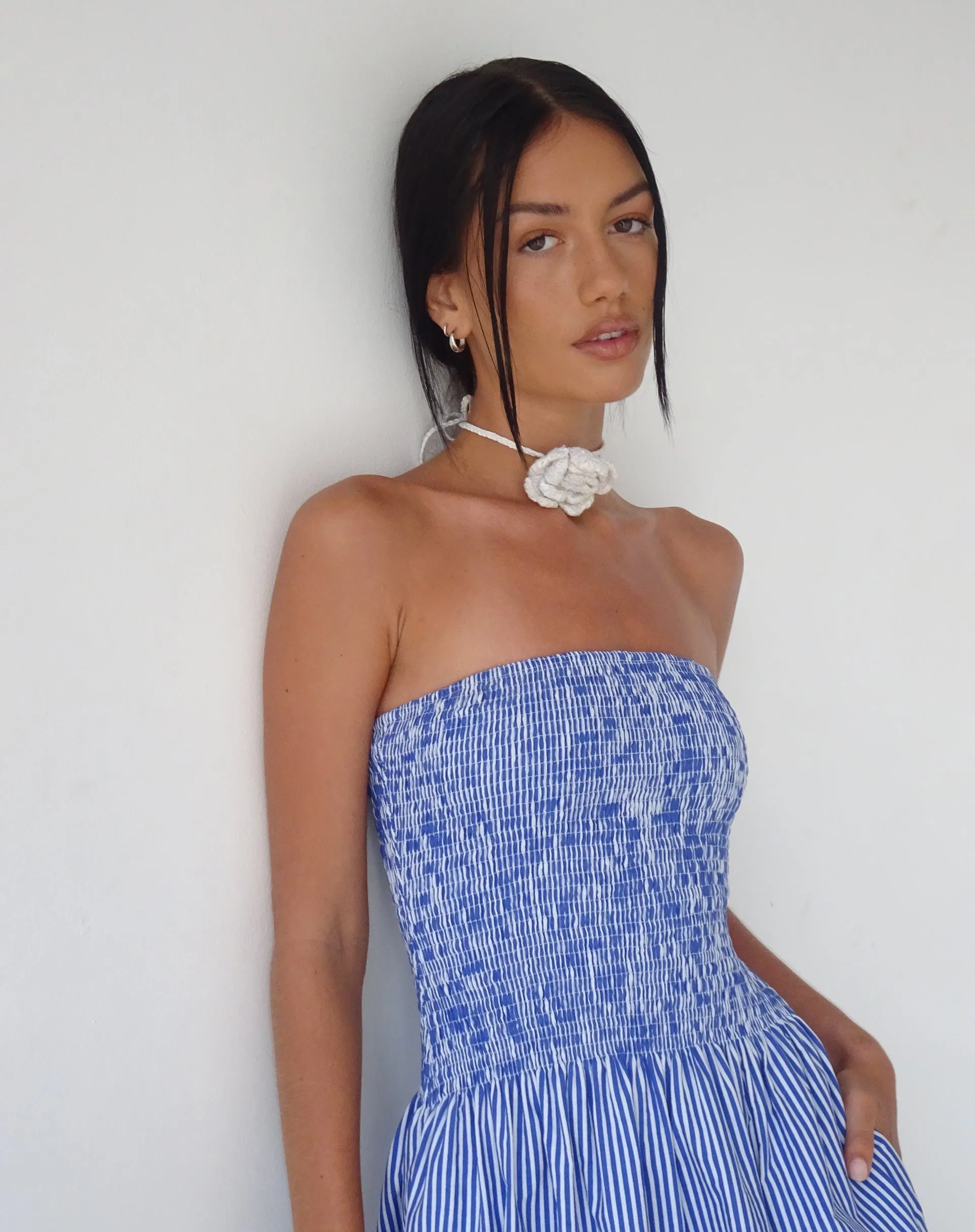 MOTEL X JACQUIE Beleame Bandeau Midaxi Dress in a Blue Striped Poplin sold by Motel Rocks product image thumbnail 2