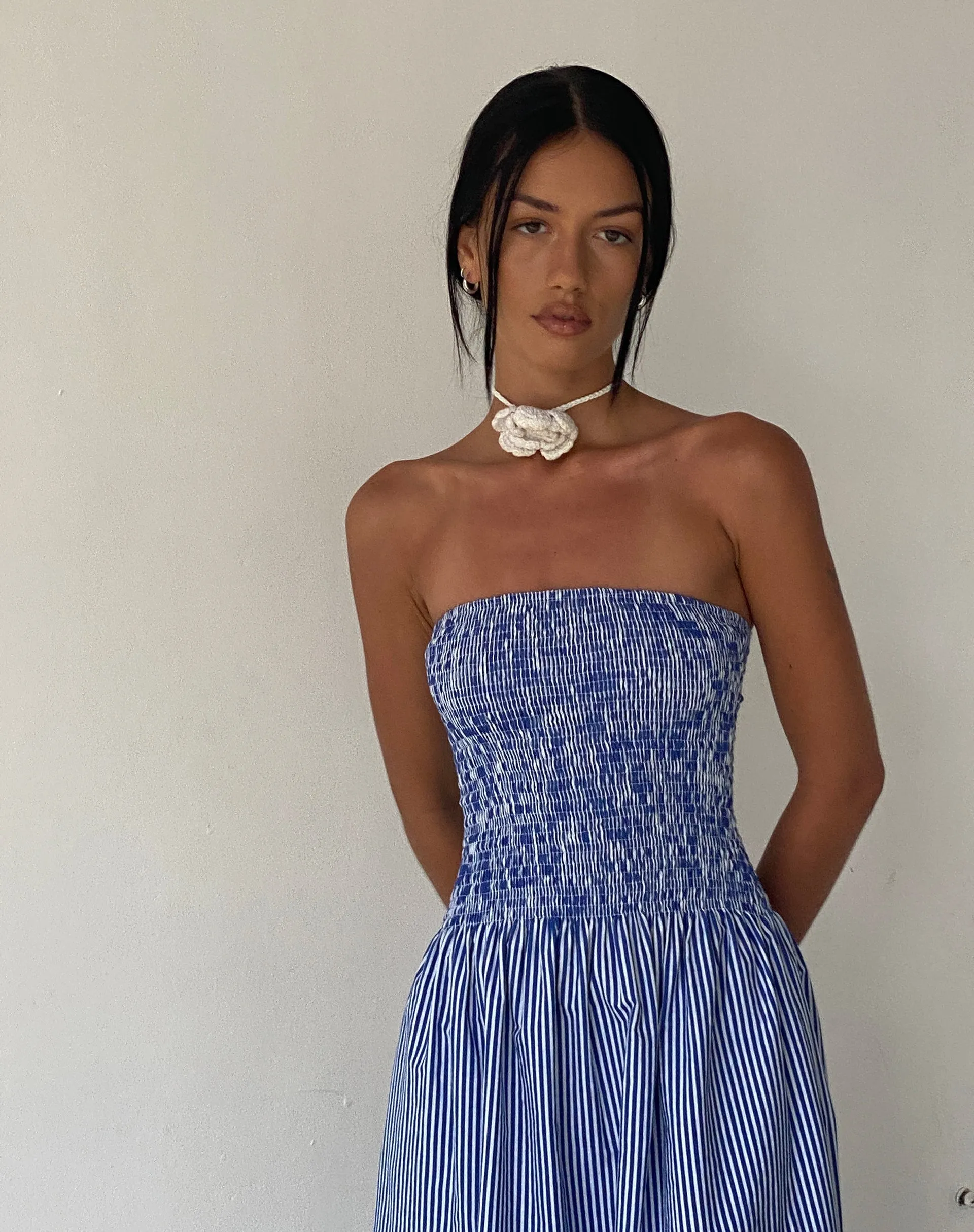MOTEL X JACQUIE Beleame Bandeau Midaxi Dress in a Blue Striped Poplin sold by Motel Rocks product image thumbnail 4
