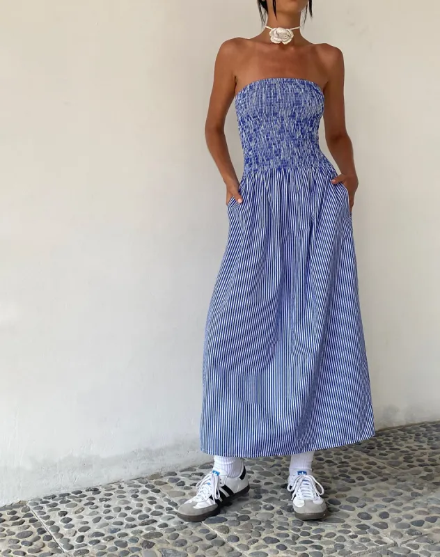 MOTEL X JACQUIE Beleame Bandeau Midaxi Dress in a Blue Striped Poplin sold by Motel Rocks