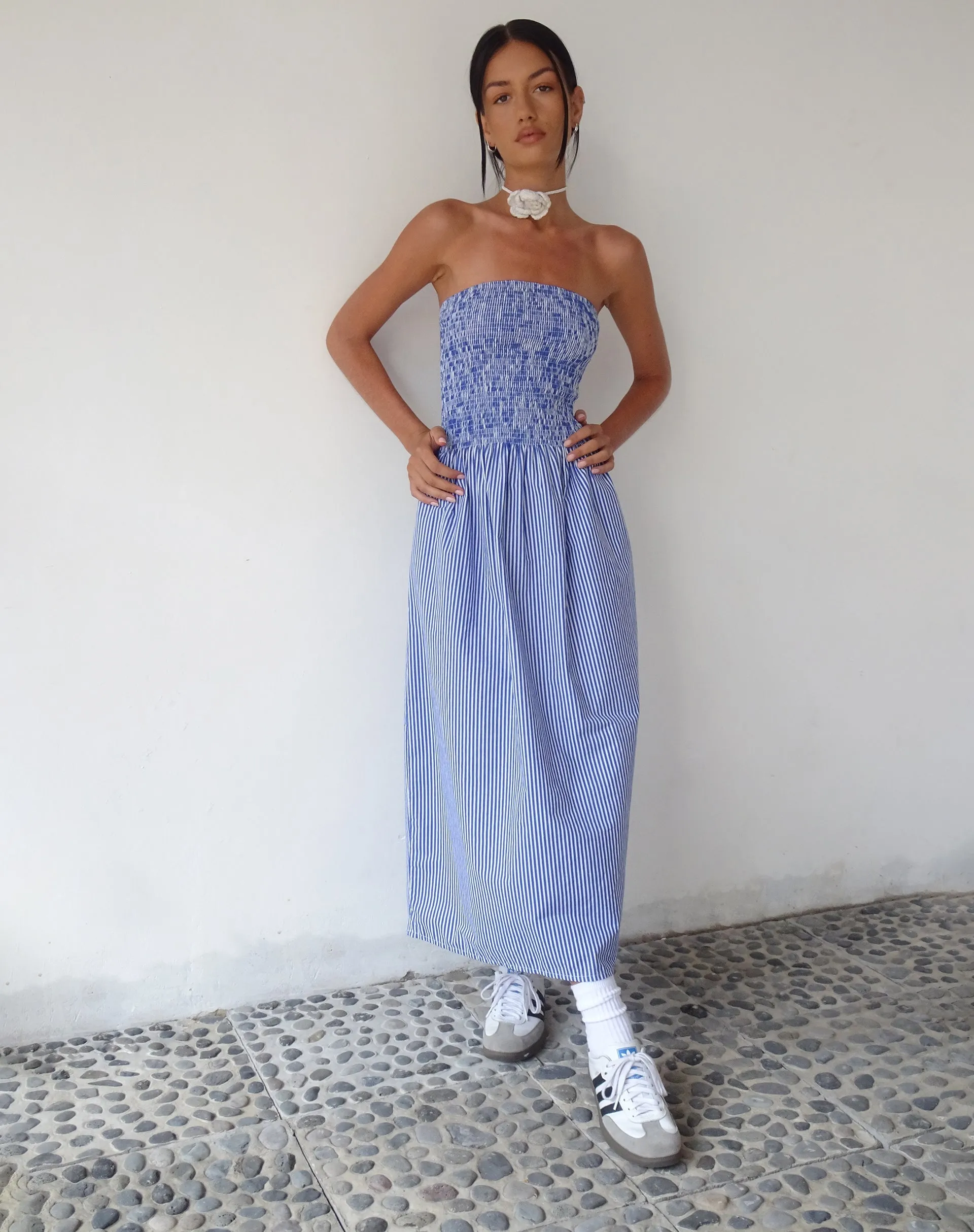 MOTEL X JACQUIE Beleame Bandeau Midaxi Dress in a Blue Striped Poplin sold by Motel Rocks product image thumbnail 5