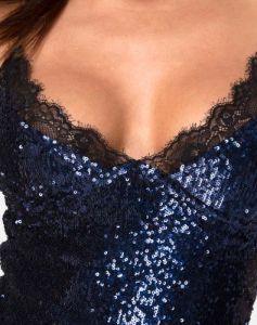 Romini Dress in Midnight Mini Sequin with Black Lace sold by Motel Rocks