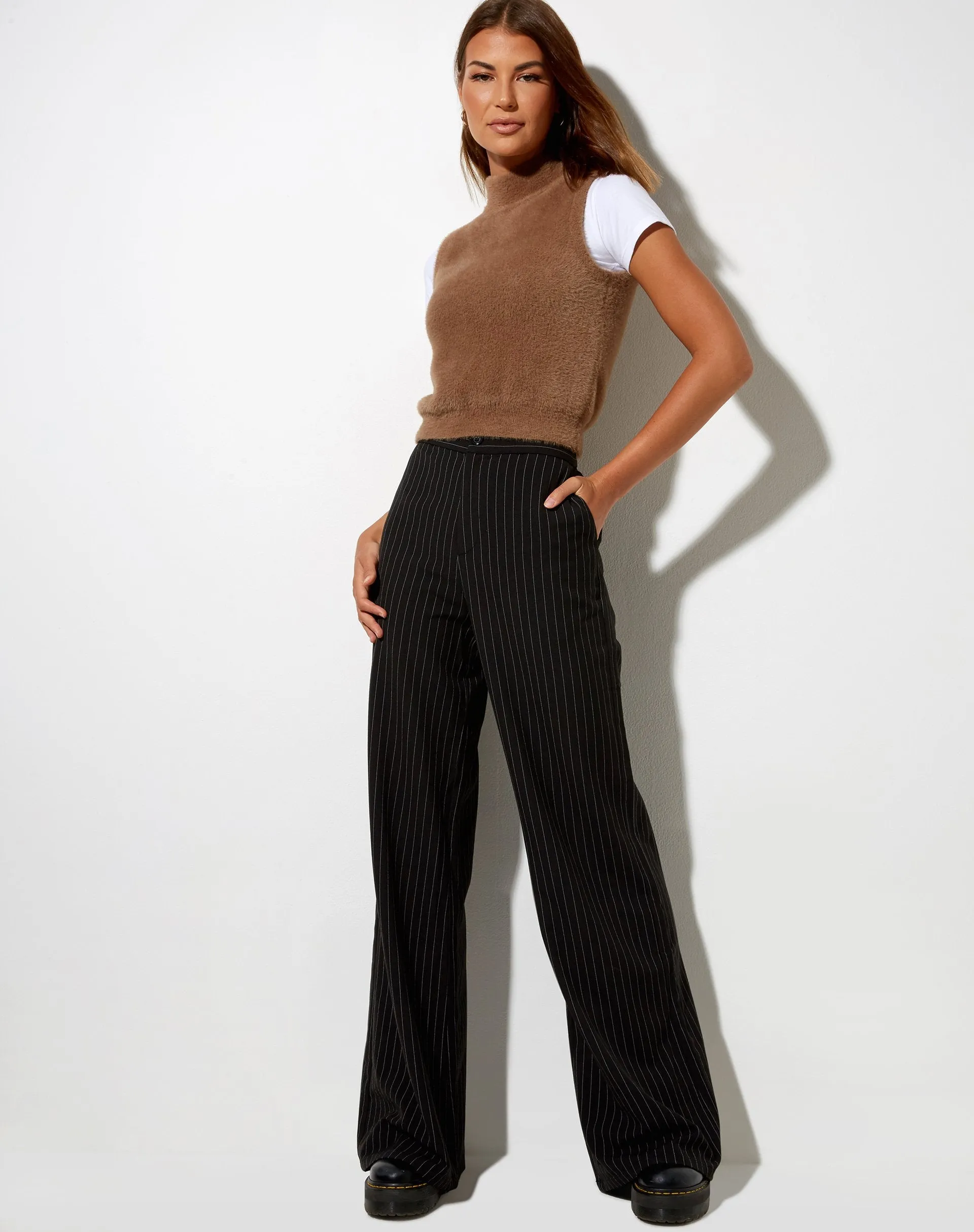 Ivo Flare Trouser in Pinstripe Black sold by Motel Rocks