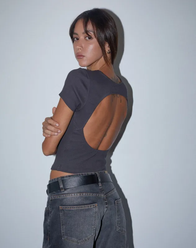 Elyto Ribbed Open Back Top in Beluga Grey sold by Motel Rocks