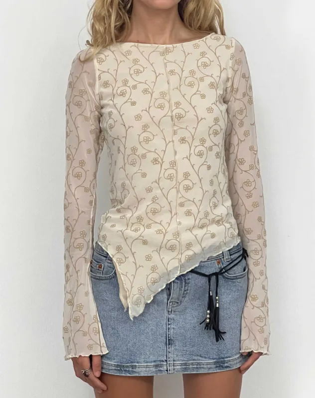 Zest Mesh Long Sleeve Top in Beige with Light Tan Flock sold by Motel Rocks