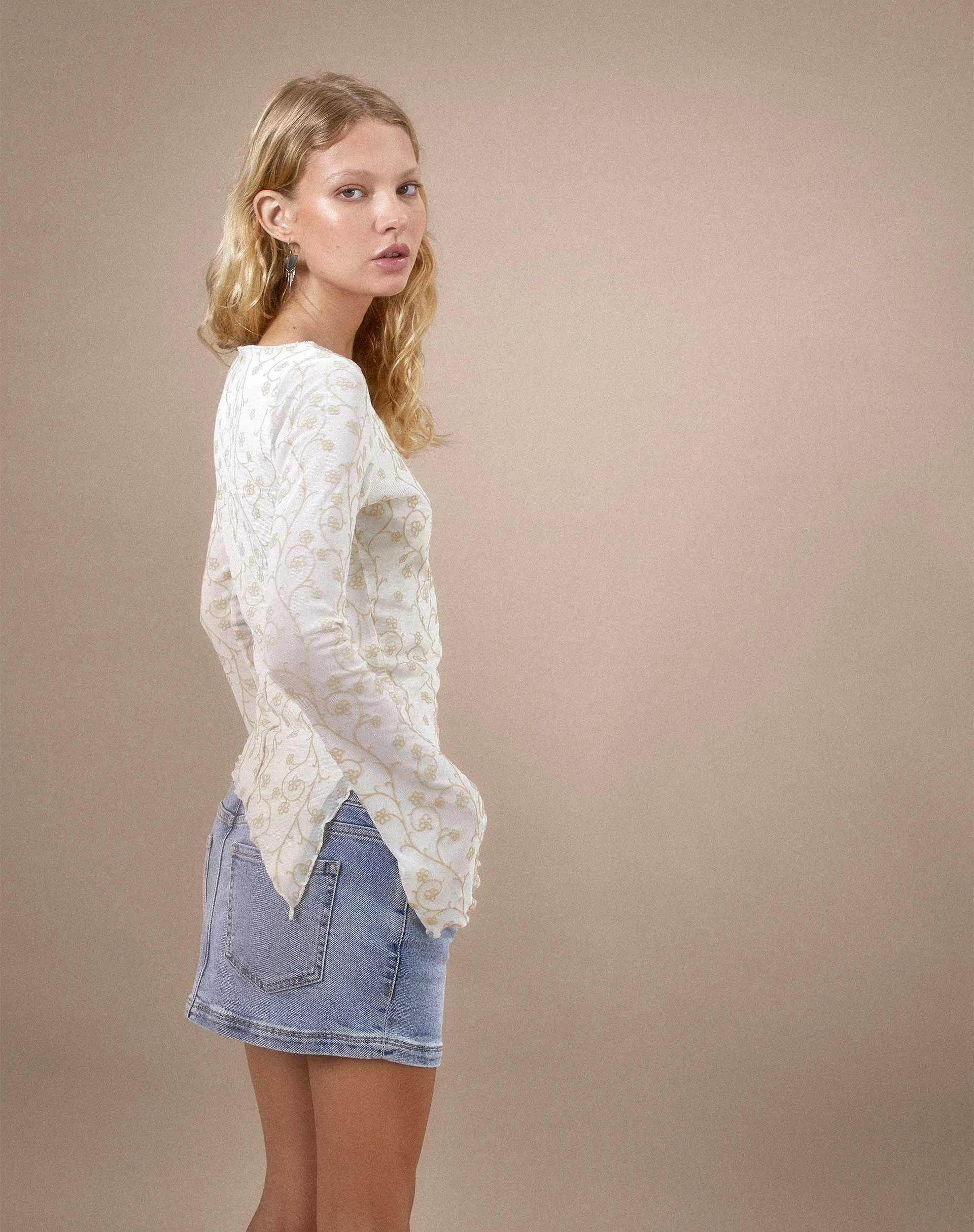 Zest Mesh Long Sleeve Top in Beige with Light Tan Flock sold by Motel Rocks product image thumbnail 4