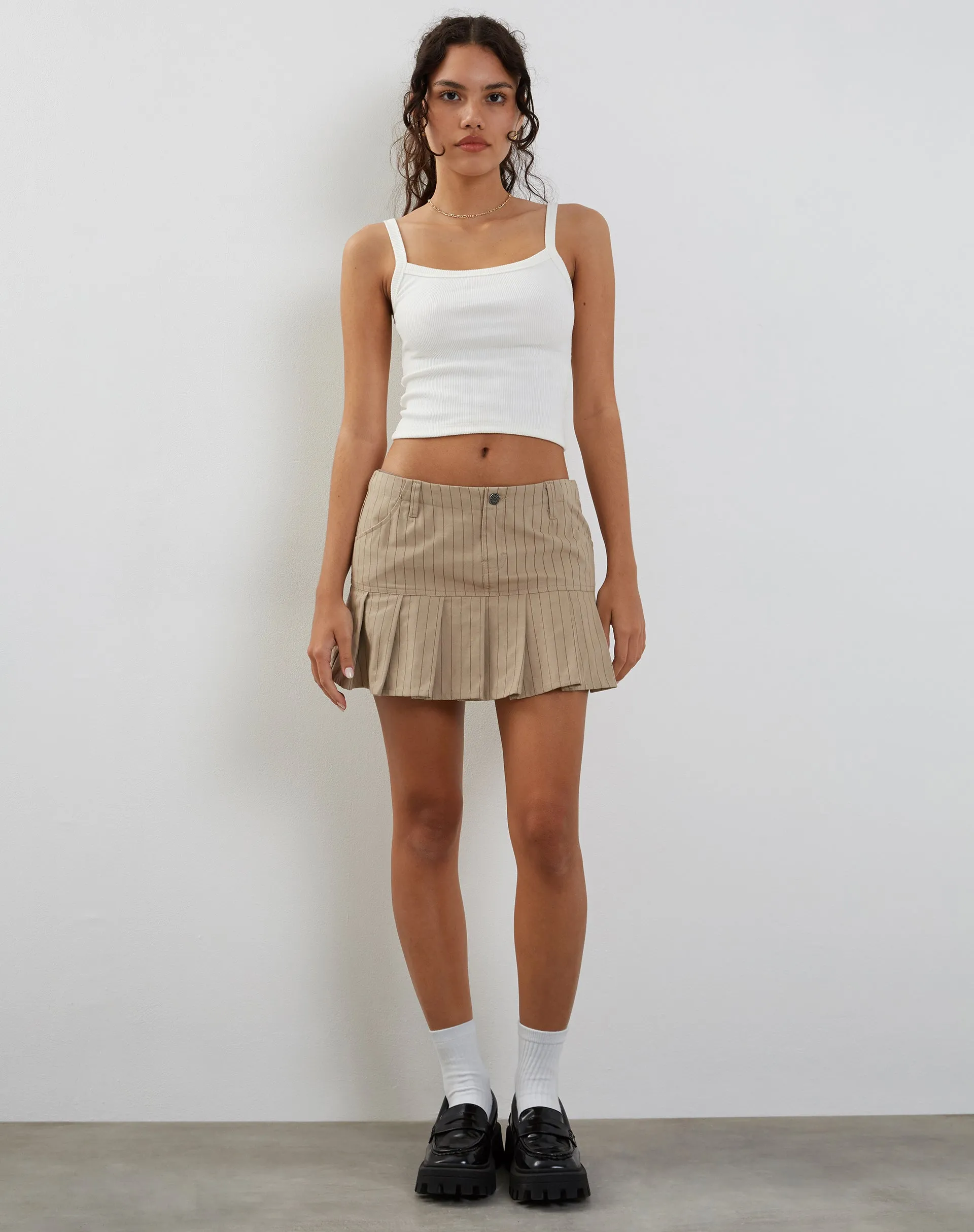 Keripa Low Rise Pleated Mini Skirt in Stone Pinstripe sold by Motel Rocks product image thumbnail 2