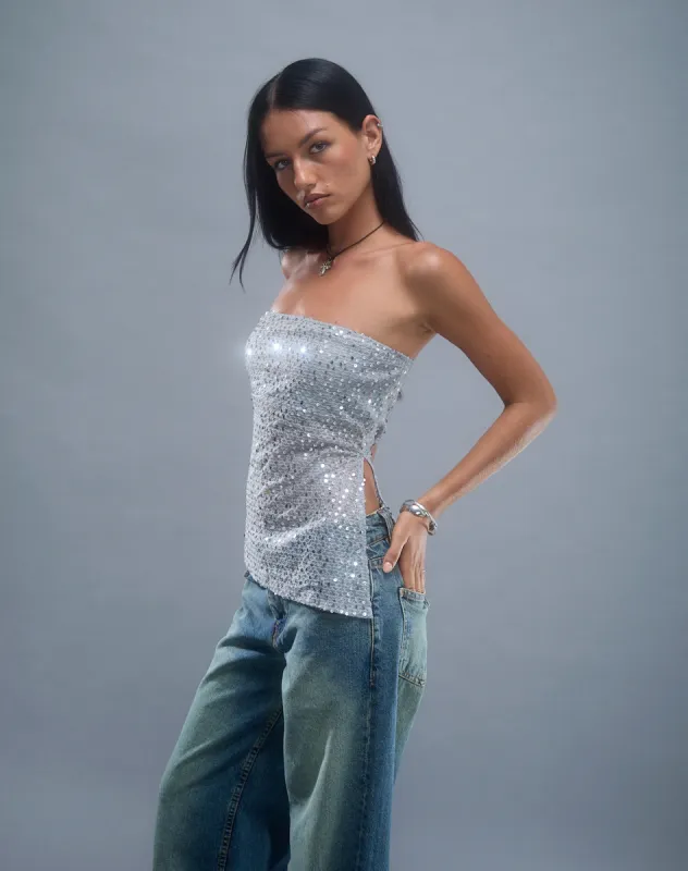 Brilia Bandeau Top in Sequin Knit Silver sold by Motel Rocks