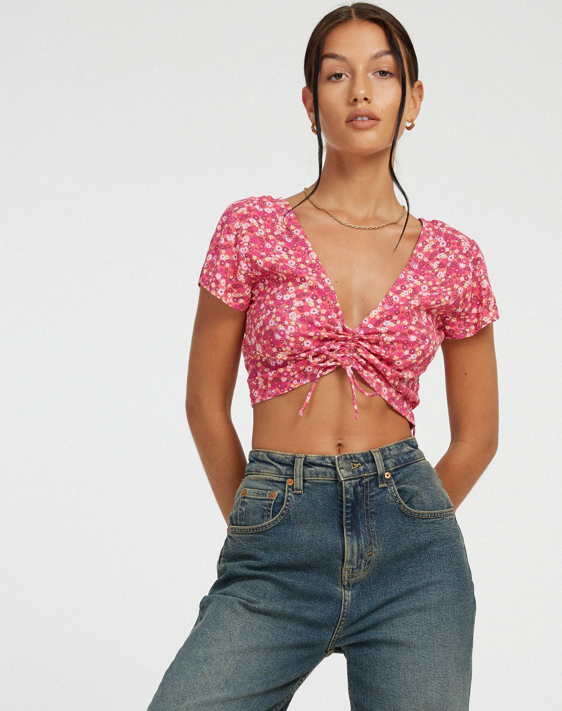 Raeto Crop Top in Ditsy Floral Pink sold by Motel Rocks
