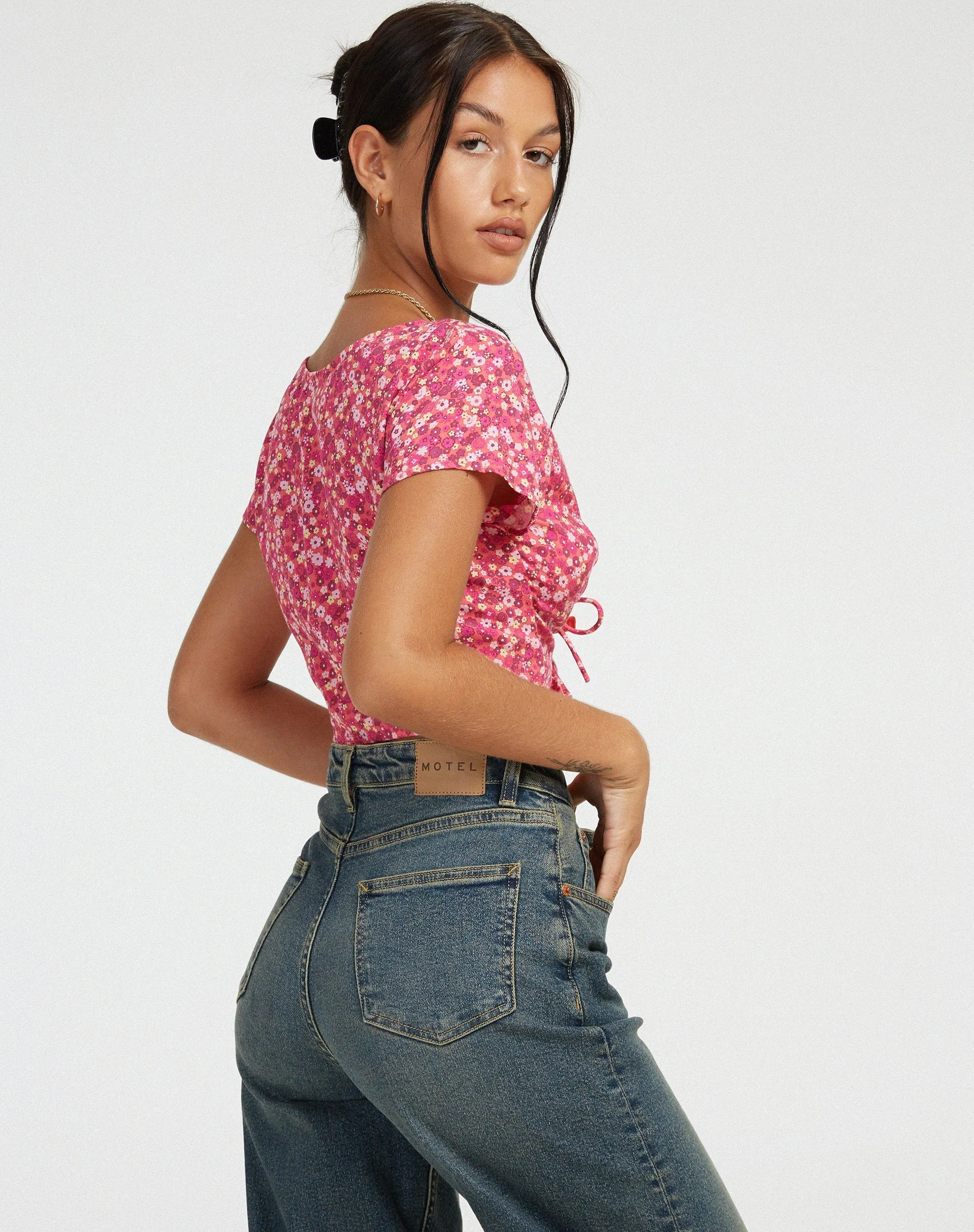 Raeto Crop Top in Ditsy Floral Pink sold by Motel Rocks product image thumbnail 2