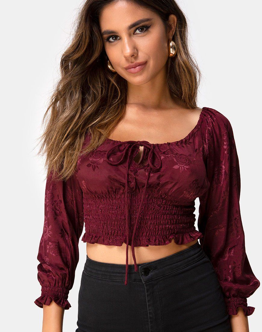 Lancer Crop Top in Satin Rose Burgundy sold by Motel Rocks