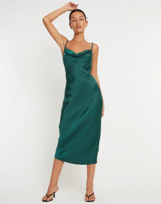 Palasha Midi Dress in Satin Forest Green sold by Motel Rocks