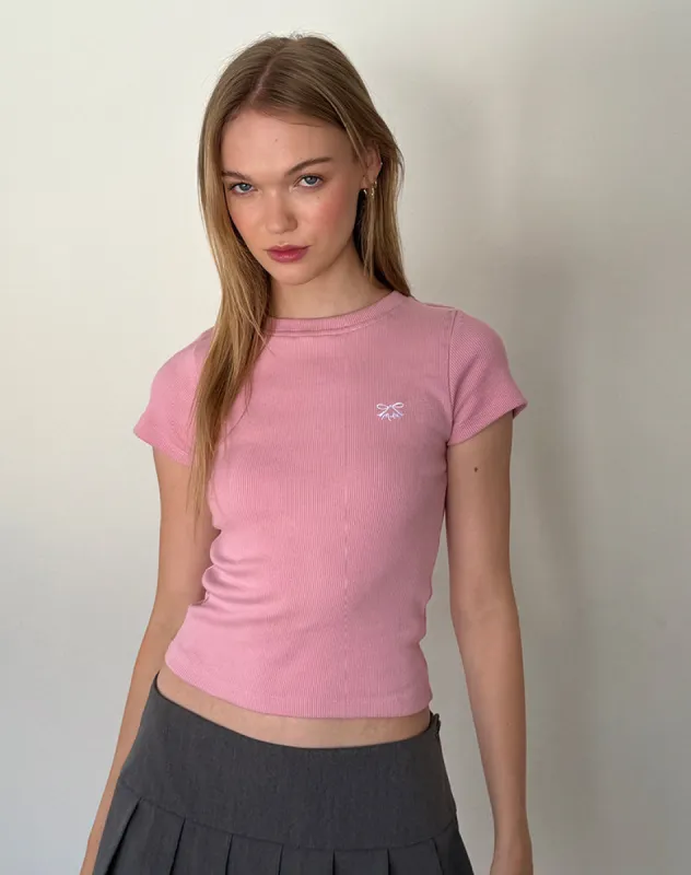 Suti Ribbed Tee in Flamingo Pink with White Bow Embroidery made by Motel Rocks
