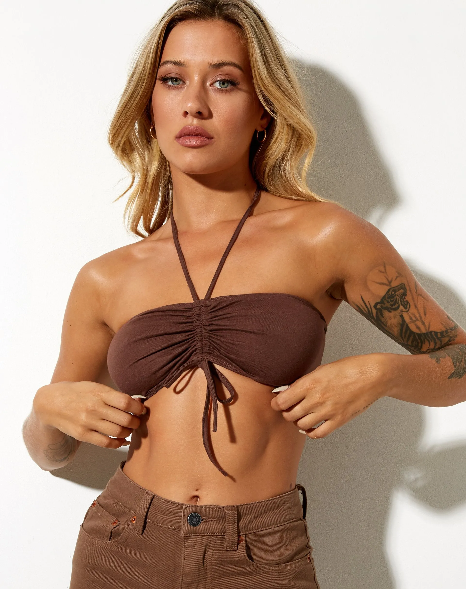 Shuji Crop Top in Lycra Deep Mahogany sold by Motel Rocks