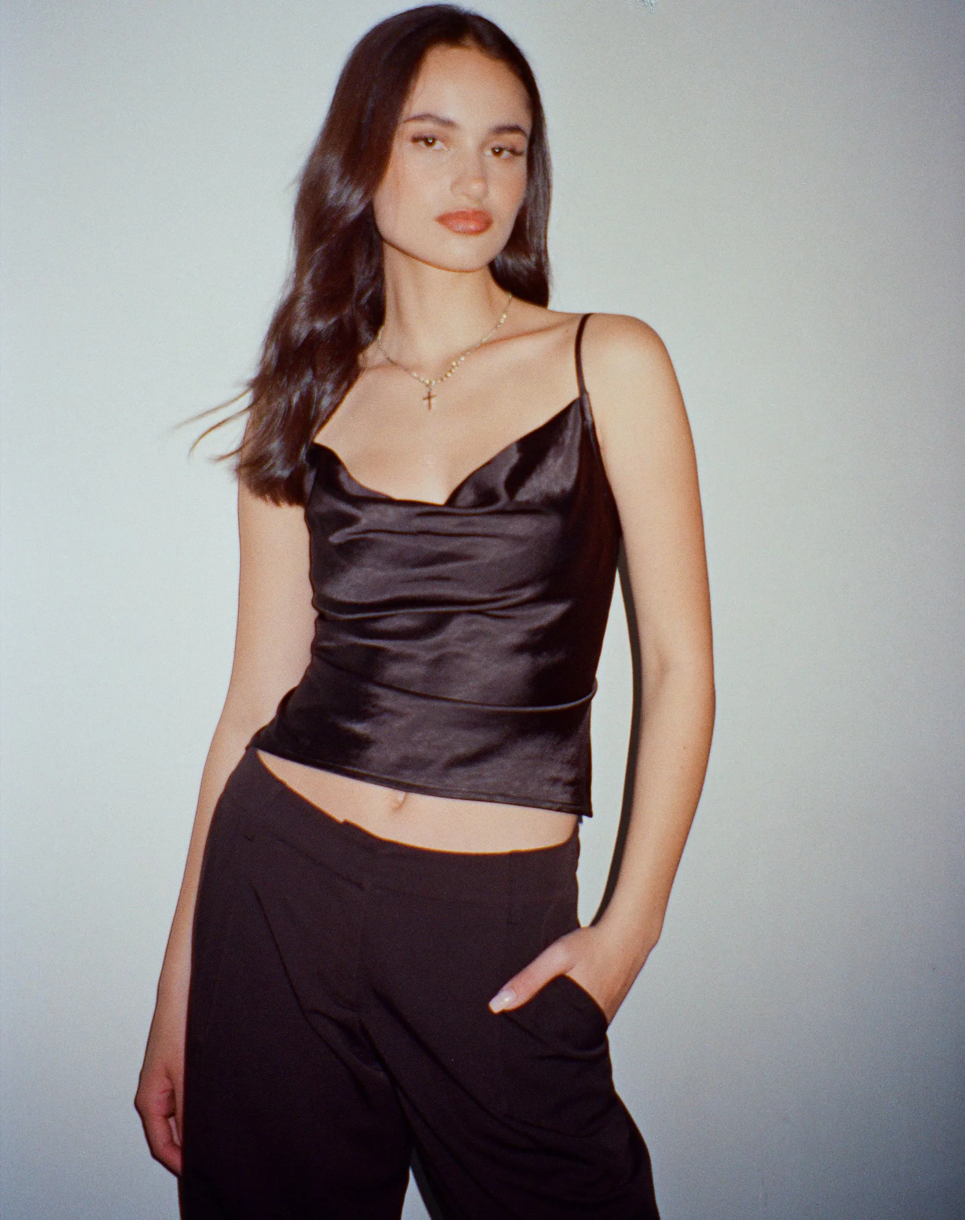 Paiva Cowl Neck Top in Satin Black sold by Motel Rocks