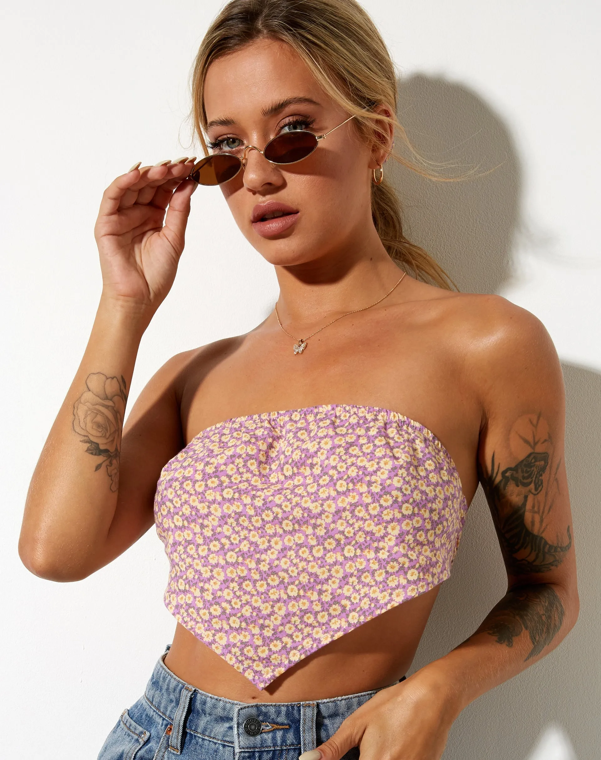 Nolda Crop Top in Flower Fun Lilac Lemon sold by Motel Rocks