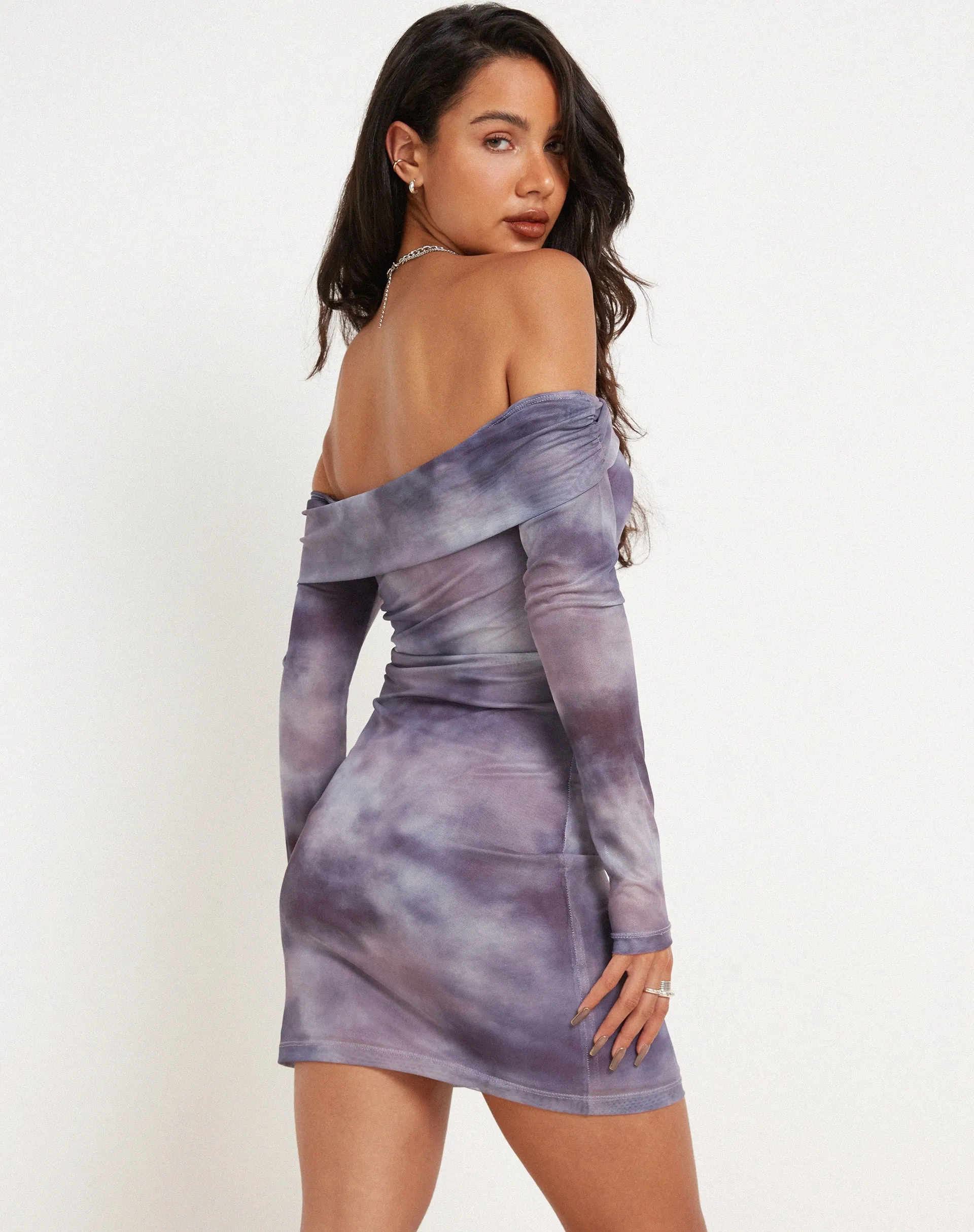 Nasami Long Sleeve Mesh Mini Dress in Smokey Gradients Purple sold by Motel Rocks product image thumbnail 3