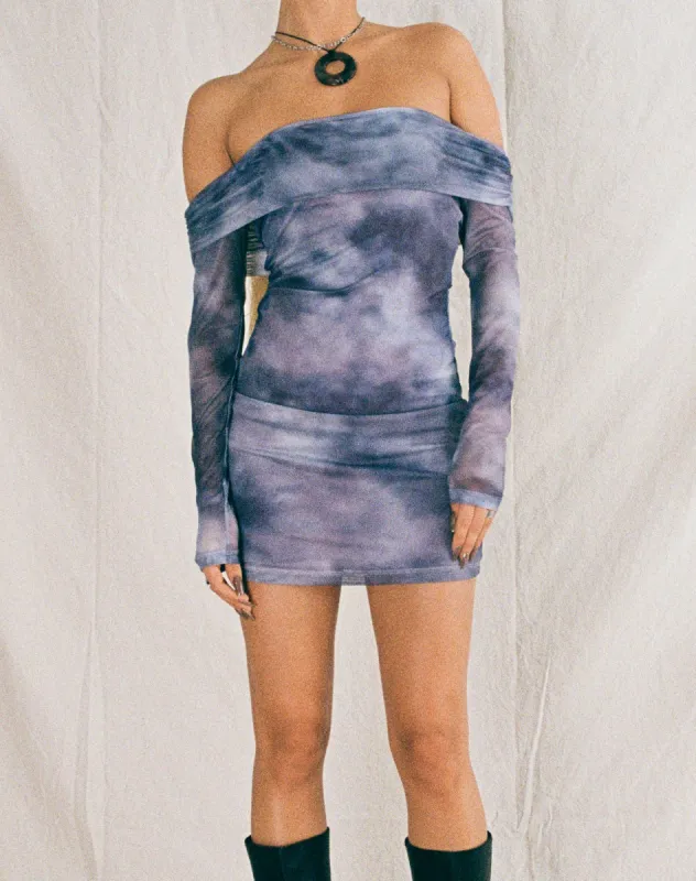 Nasami Long Sleeve Mesh Mini Dress in Smokey Gradients Purple sold by Motel Rocks