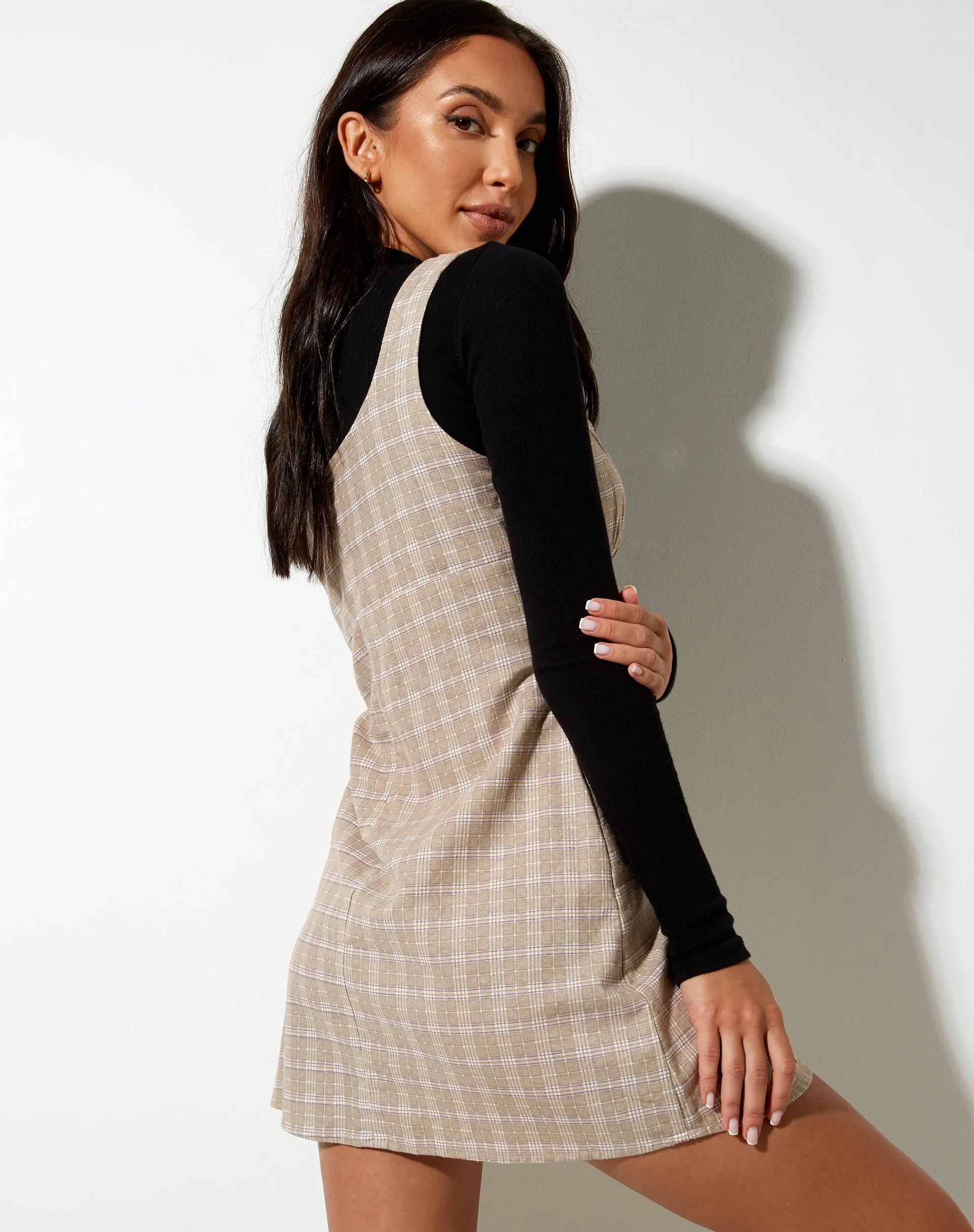 Mehra Mini Dress in Taupe Check sold by Motel Rocks product image thumbnail 2