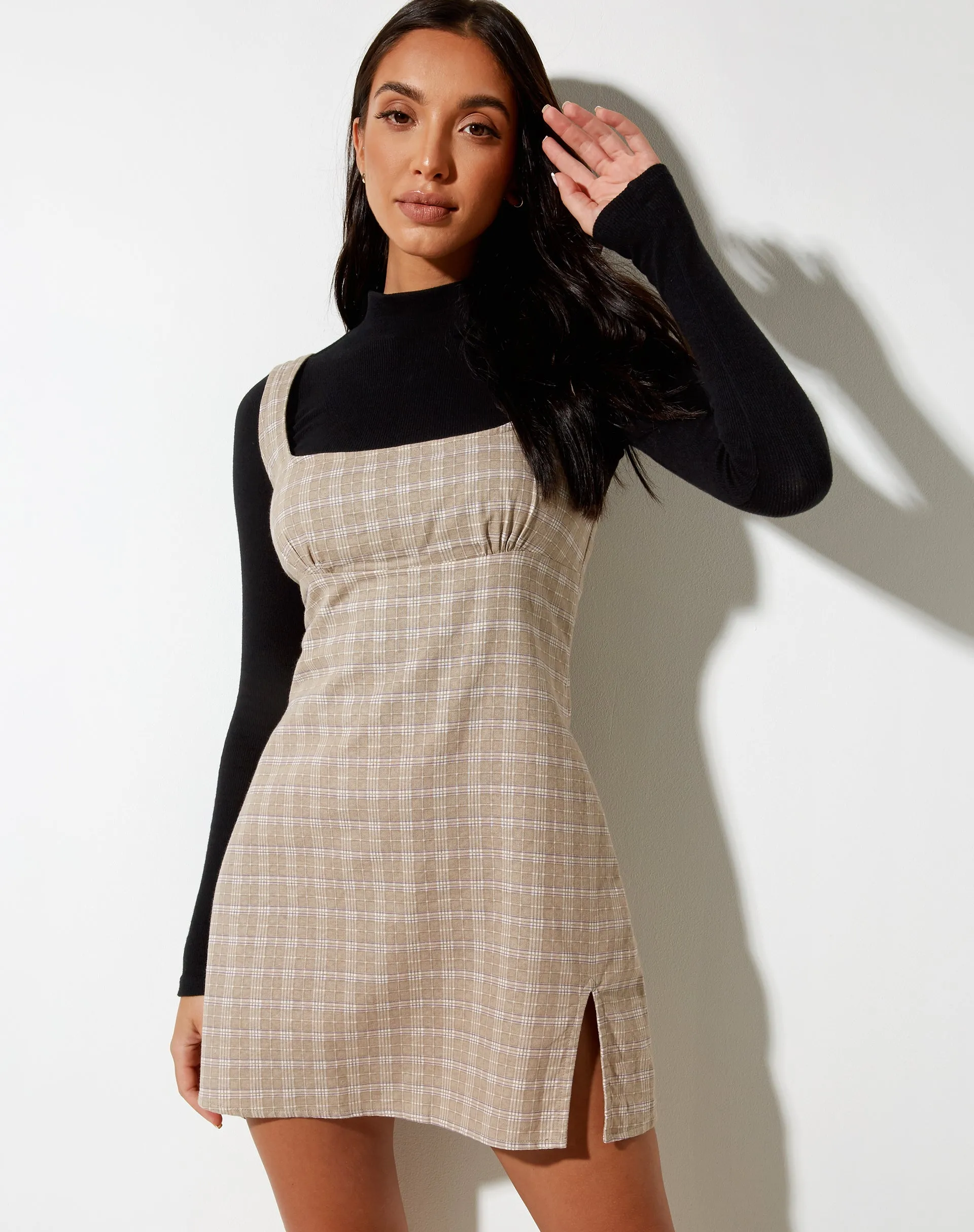 Mehra Mini Dress in Taupe Check sold by Motel Rocks product image thumbnail 3
