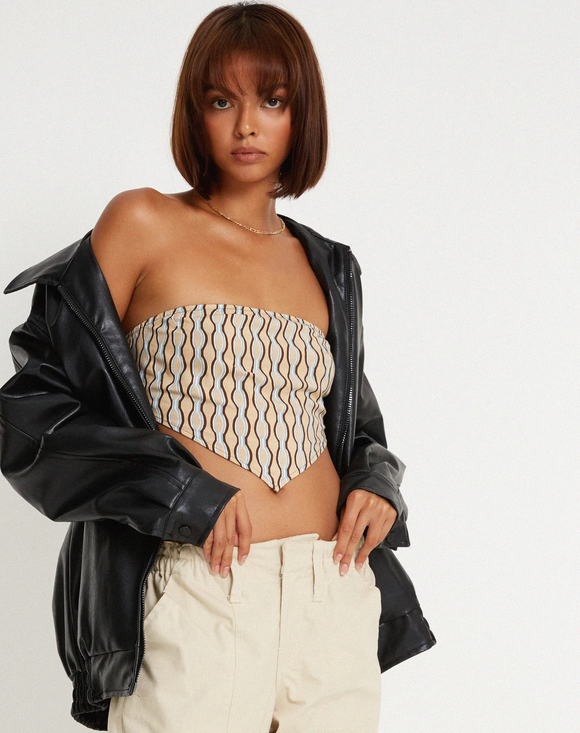 Nolda Crop Top in Preppy Geo Brown sold by Motel Rocks