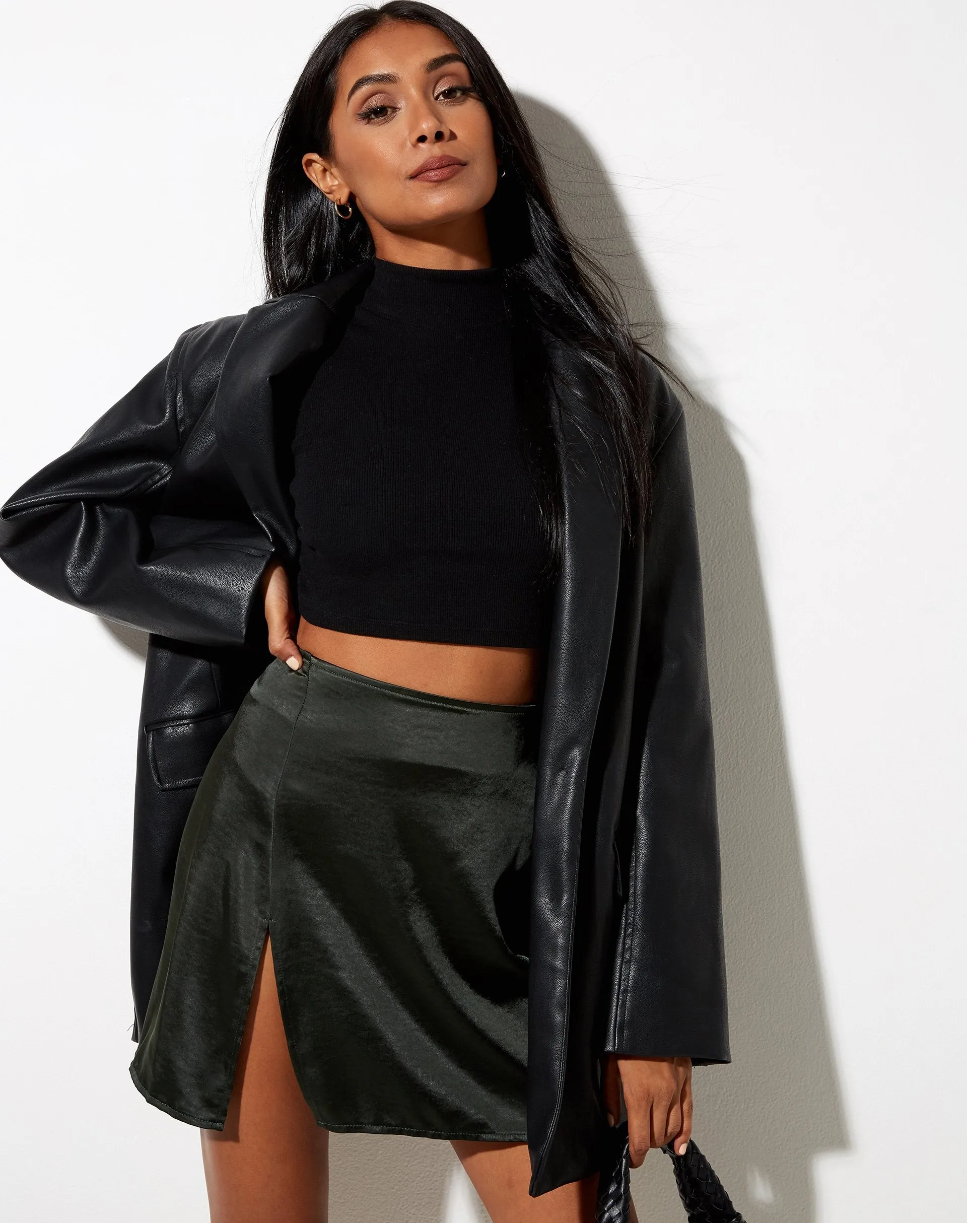 Shenka Mini Skirt in Satin Dark Khaki sold by Motel Rocks