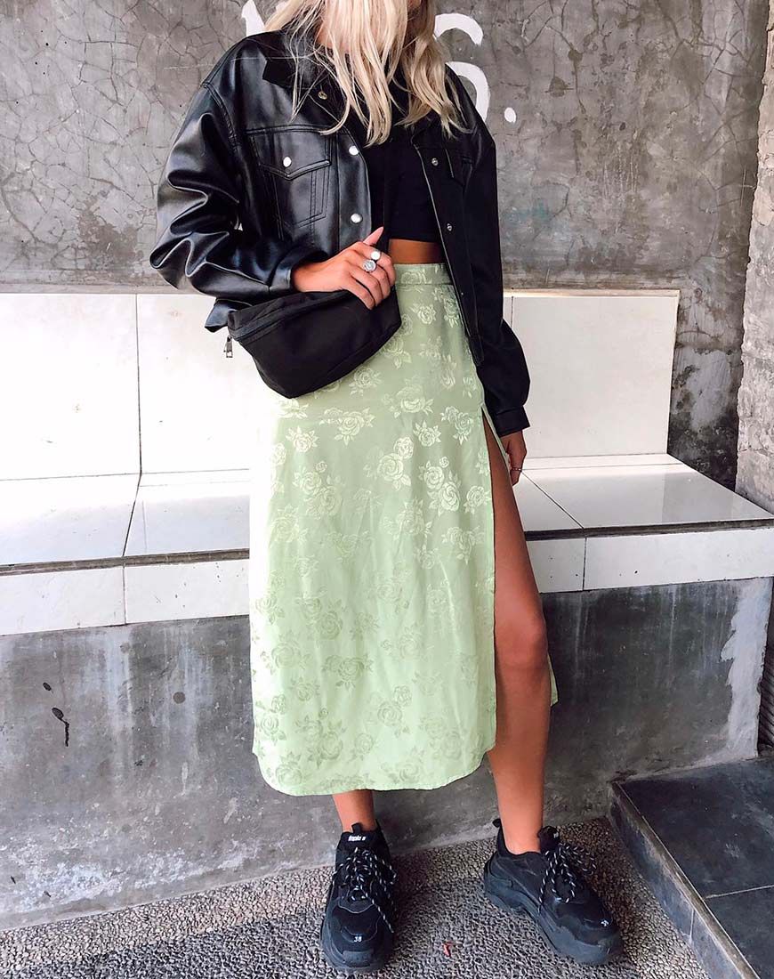 Saika Midi Skirt in Satin Rose Lime sold by Motel Rocks