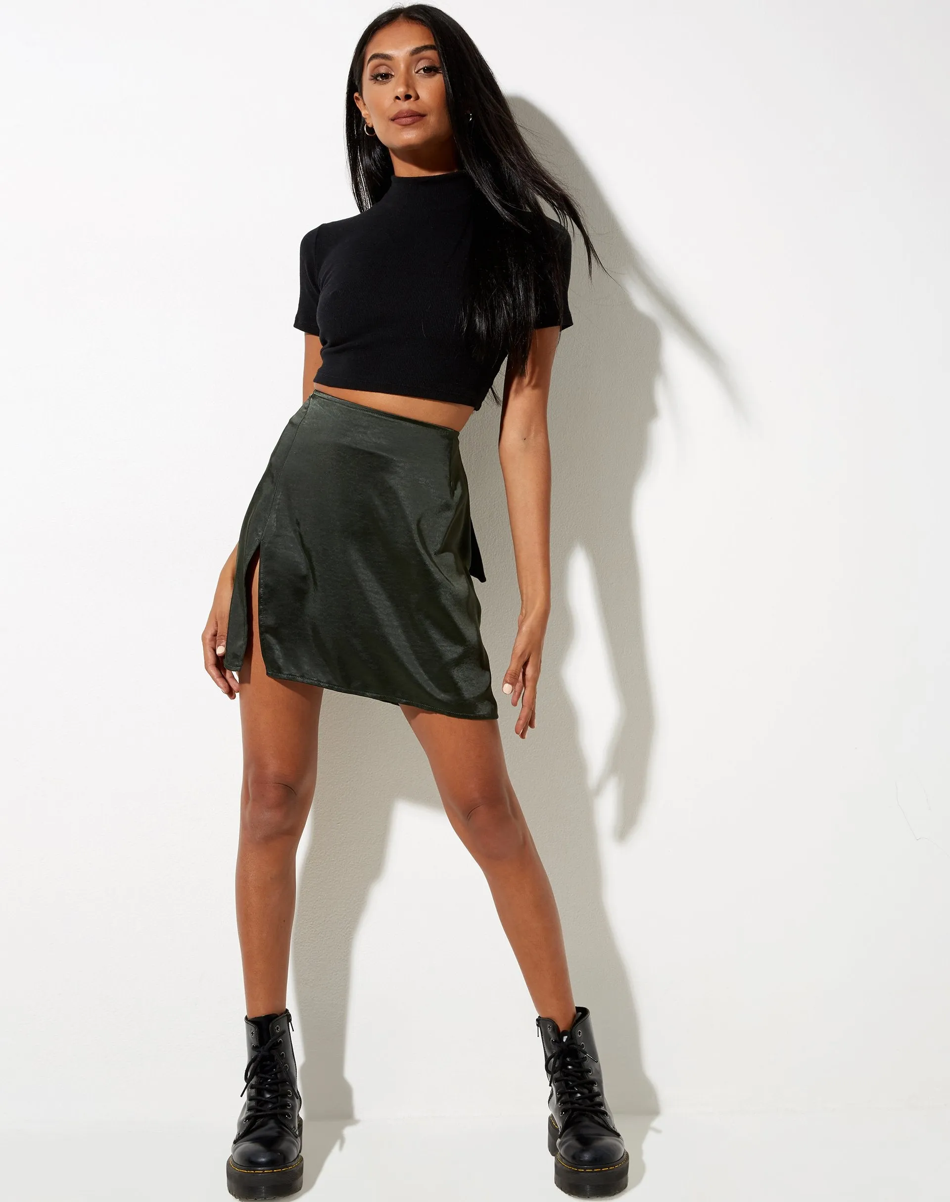 Shenka Mini Skirt in Satin Dark Khaki sold by Motel Rocks product image thumbnail 4