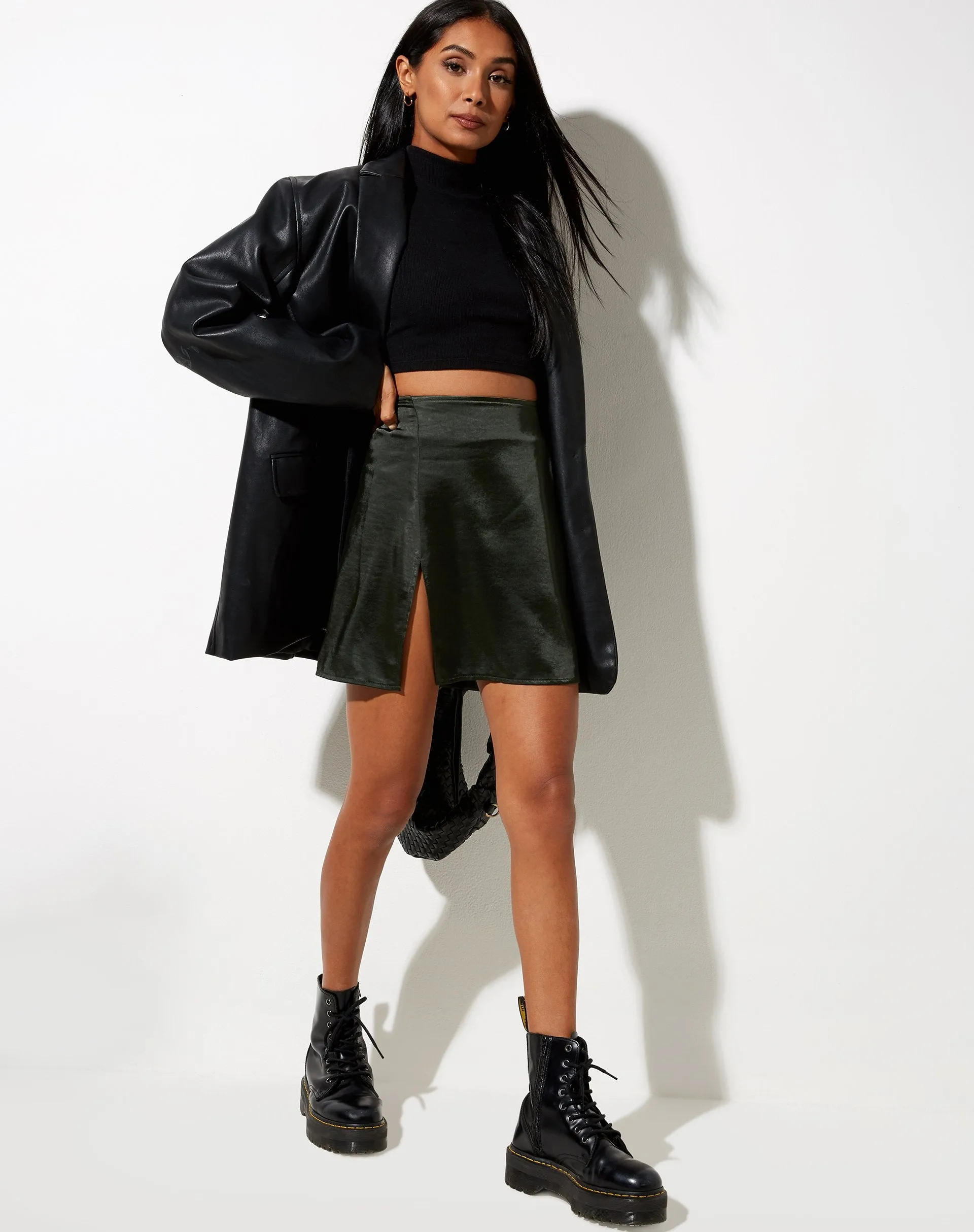 Shenka Mini Skirt in Satin Dark Khaki sold by Motel Rocks product image thumbnail 2